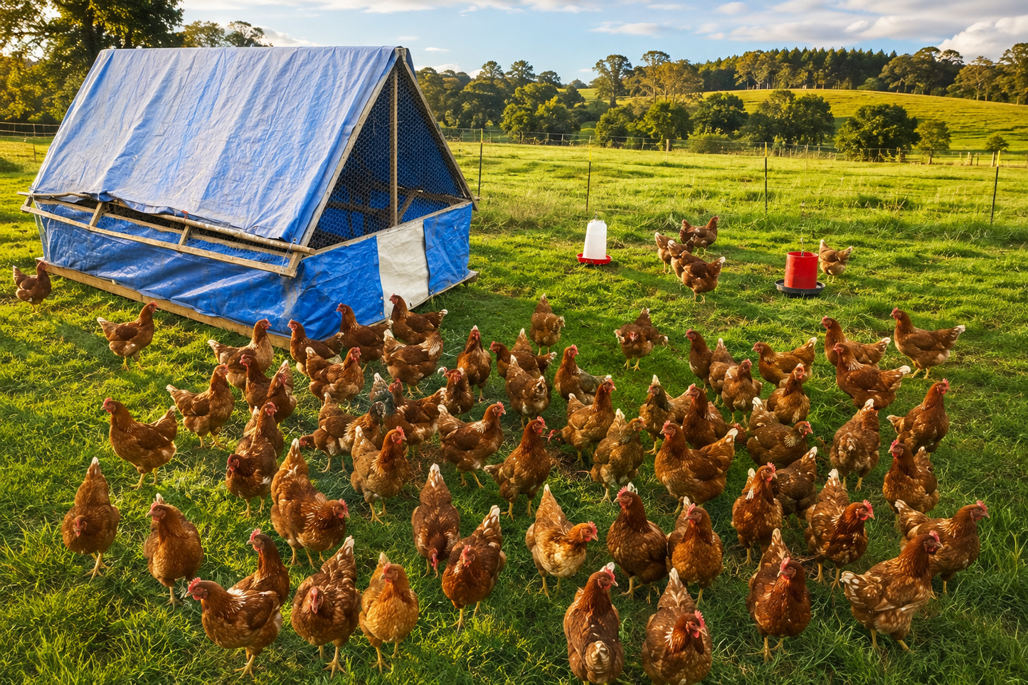 Our Lohmann Brown free range hens enjoying green pastures