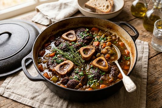 slow cooked garss fed beef shin stew with carrots and fresh herbs. Recipe includes a healthy homemade gravy.