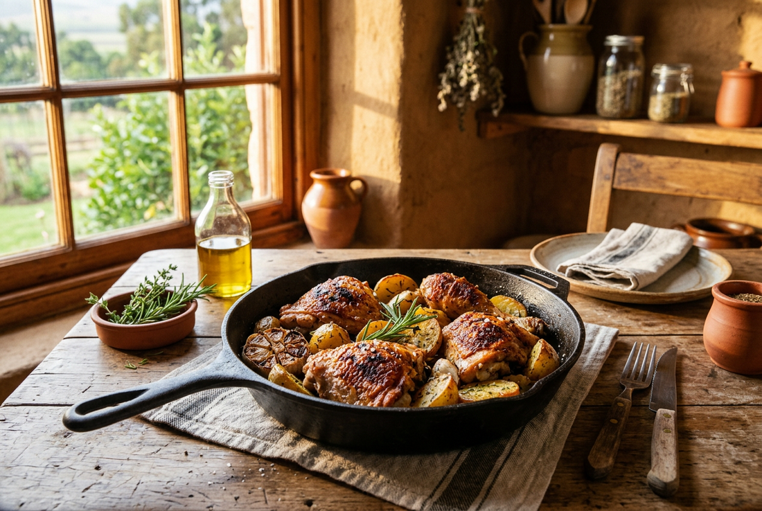 Golden oven-roasted pastrue-raised-chicken portions with crispy potatoes, garlic and rosemary, served in a rustic farmhouse dish.