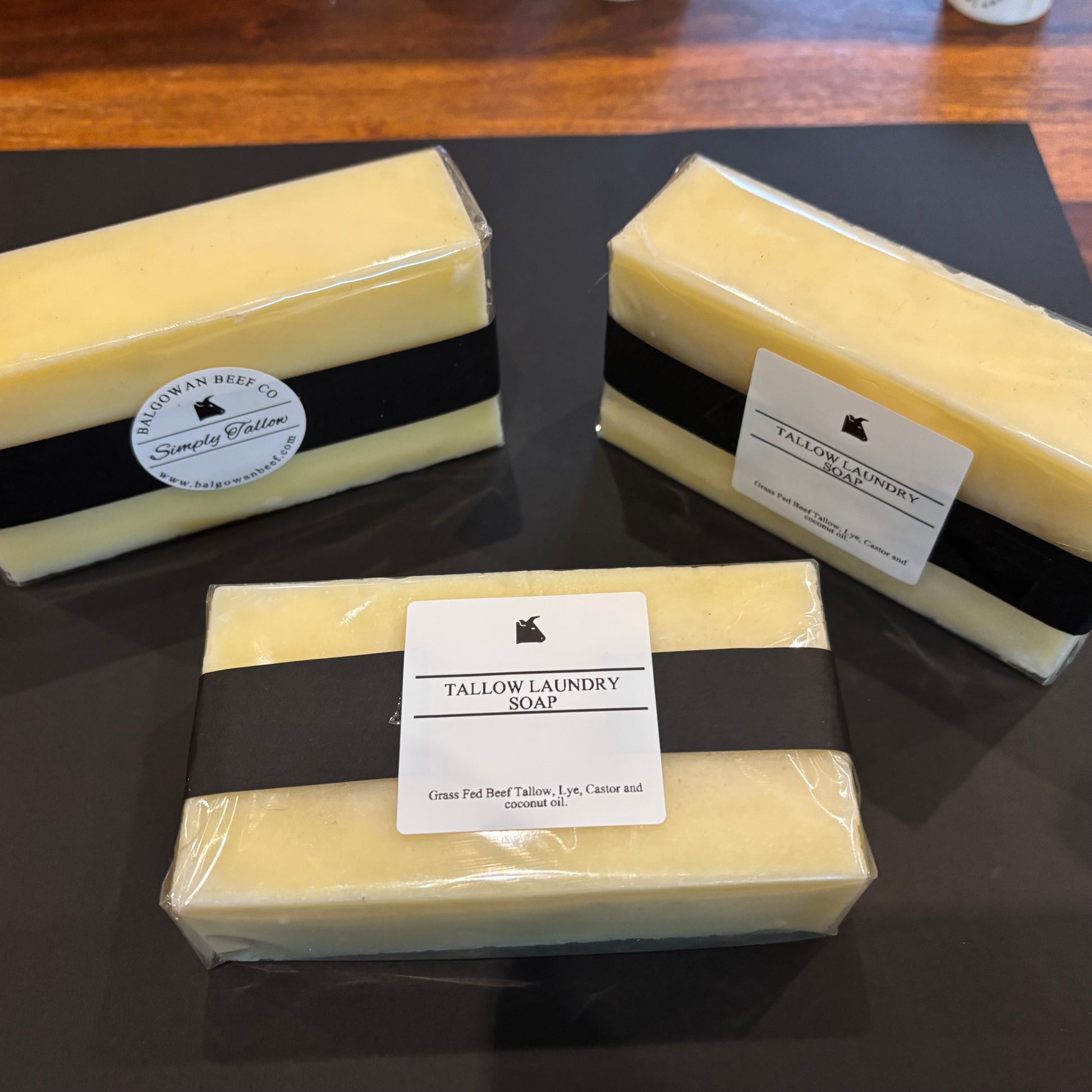 Cold pressed soap made with grass fed beef tallow and lye. 